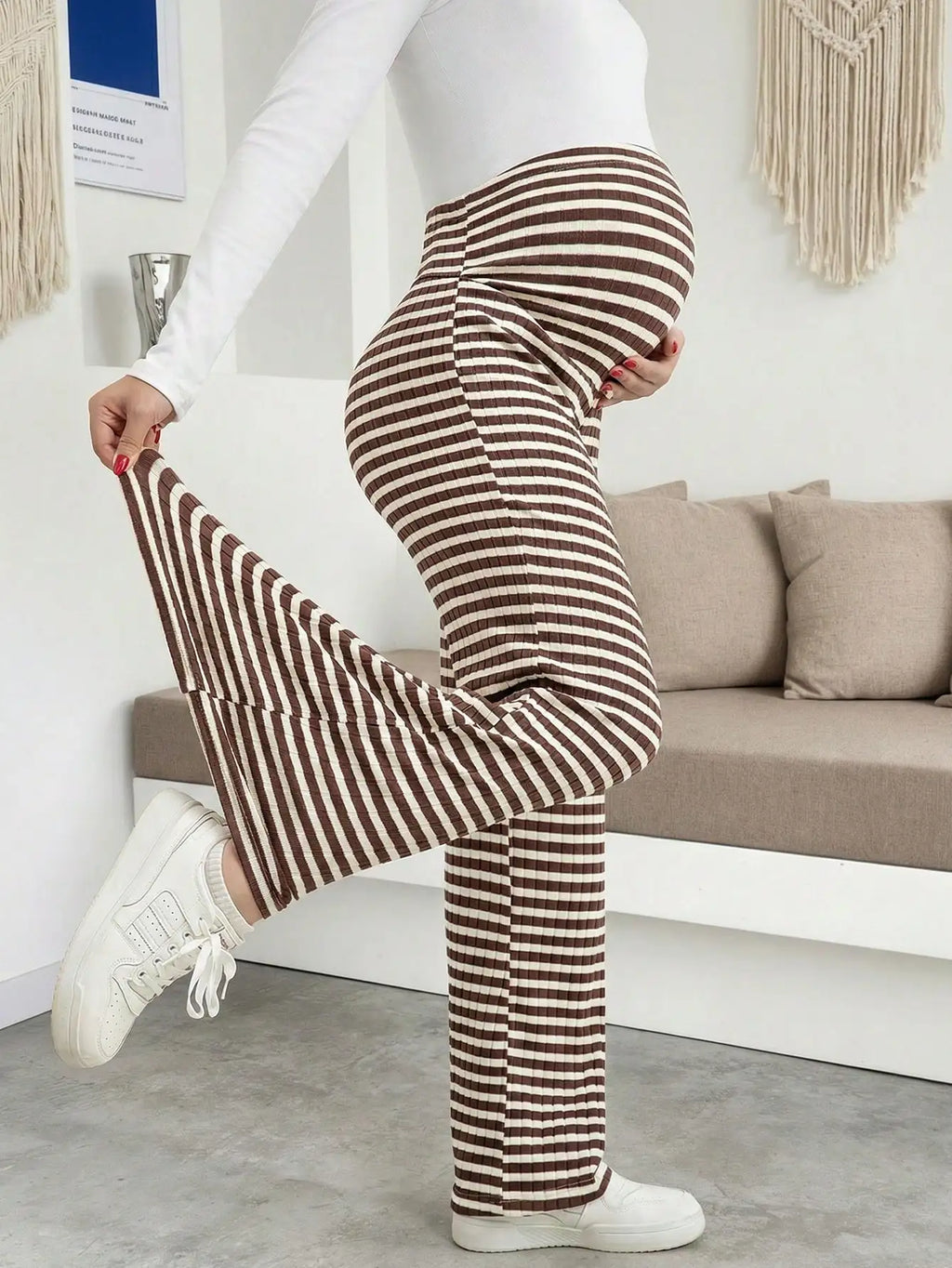 Maternity Women's Striped Ribbed Wide Leg Over Bump Jeans for Casual Daily and Lounge Wear