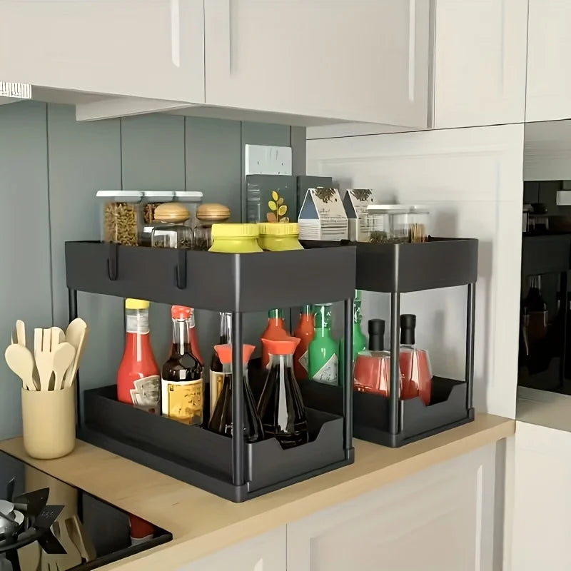 Multi Function Pull Out Under Sink Organizer 2 Tier Slide Out Storage Basket with Hooks Storage Cups for Kitchen Bathroom Home