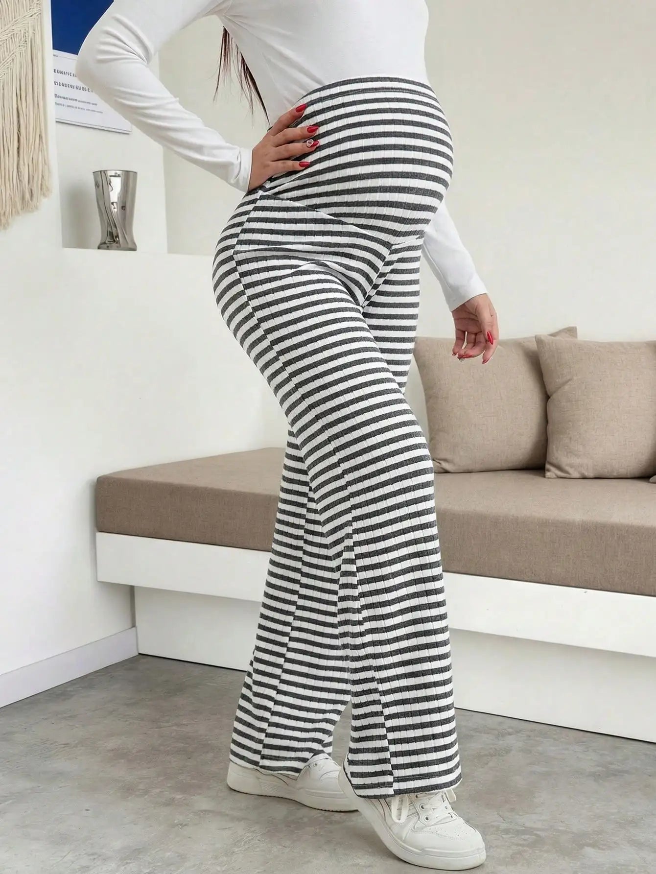 Maternity Women's Striped Ribbed Wide Leg Over Bump Jeans for Casual Daily and Lounge Wear
