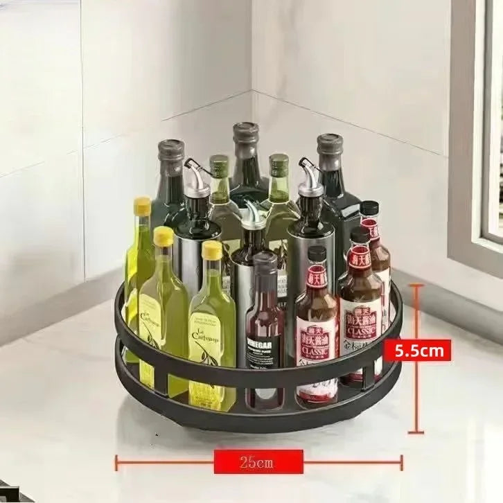 Non-Skid 360°Rotation Spice Rack Carbon Steel Organizer Storage Tray For Seasonings Spices Jars Cans Kitchen Utensil Accessories