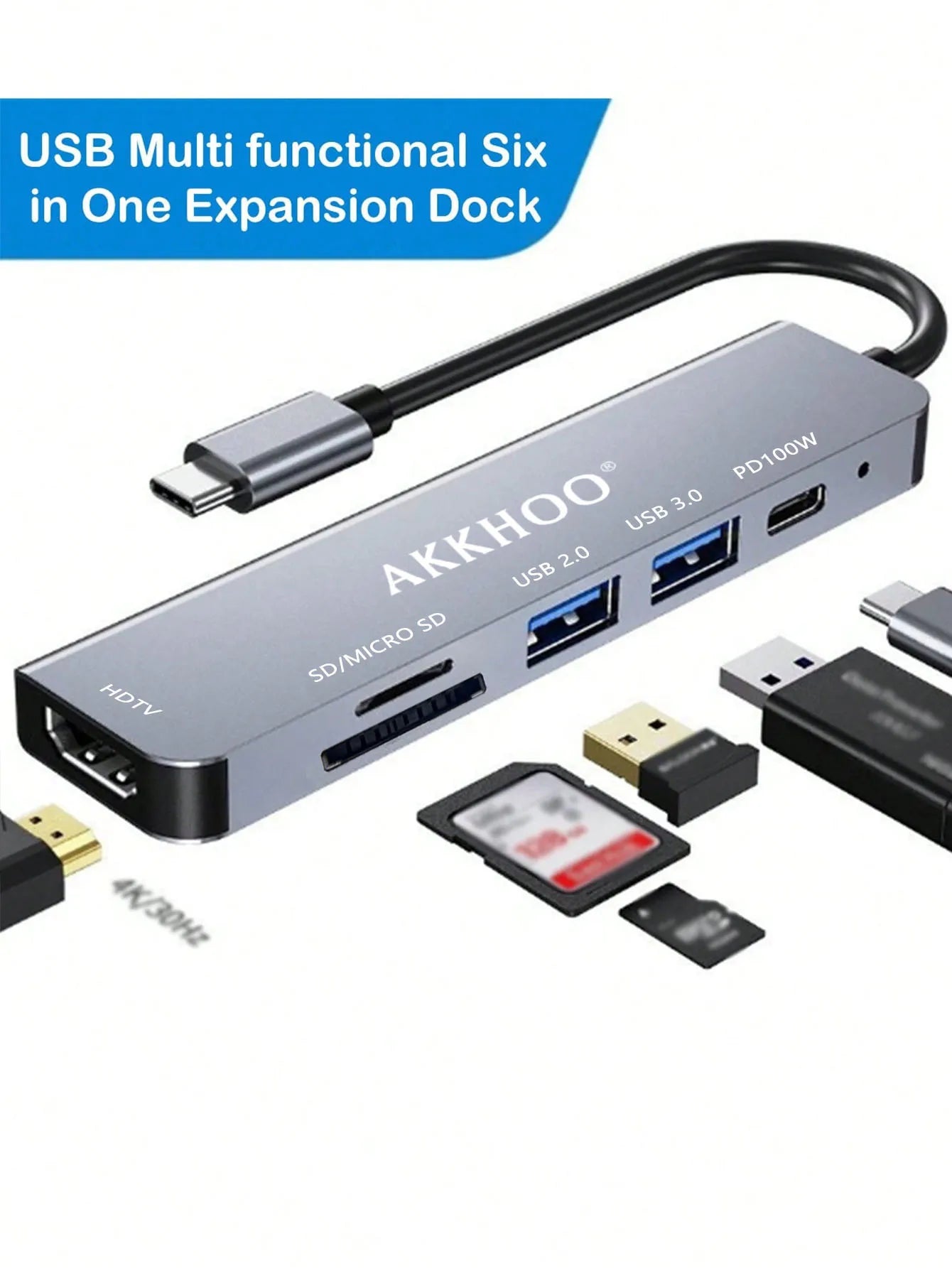 6 in 1 Type-c docking station, support 100WPD fast charge, SD/TF card dual card slot, portable multi-function docking station