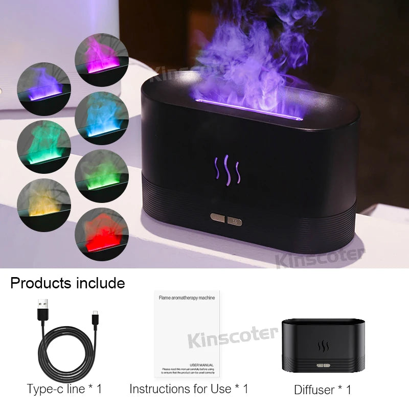 USB Desktop Flame Aroma Diffuser Humidifier 7 Colors Simulation Light Aromatherapy Air Purifier for Bedroom/Essential oil set