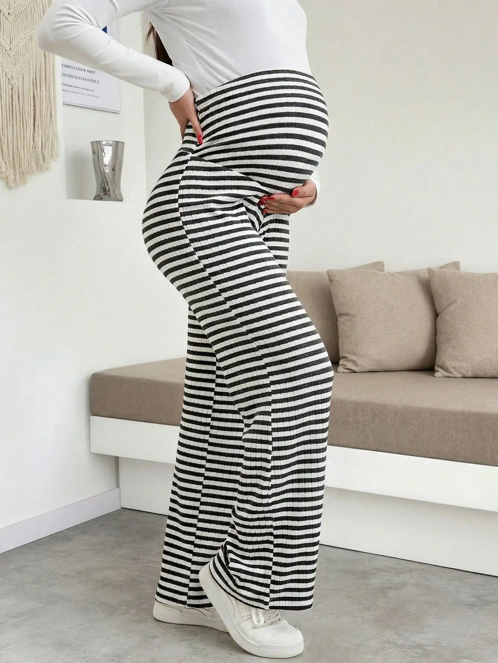 Maternity Women's Striped Ribbed Wide Leg Over Bump Jeans for Casual Daily and Lounge Wear