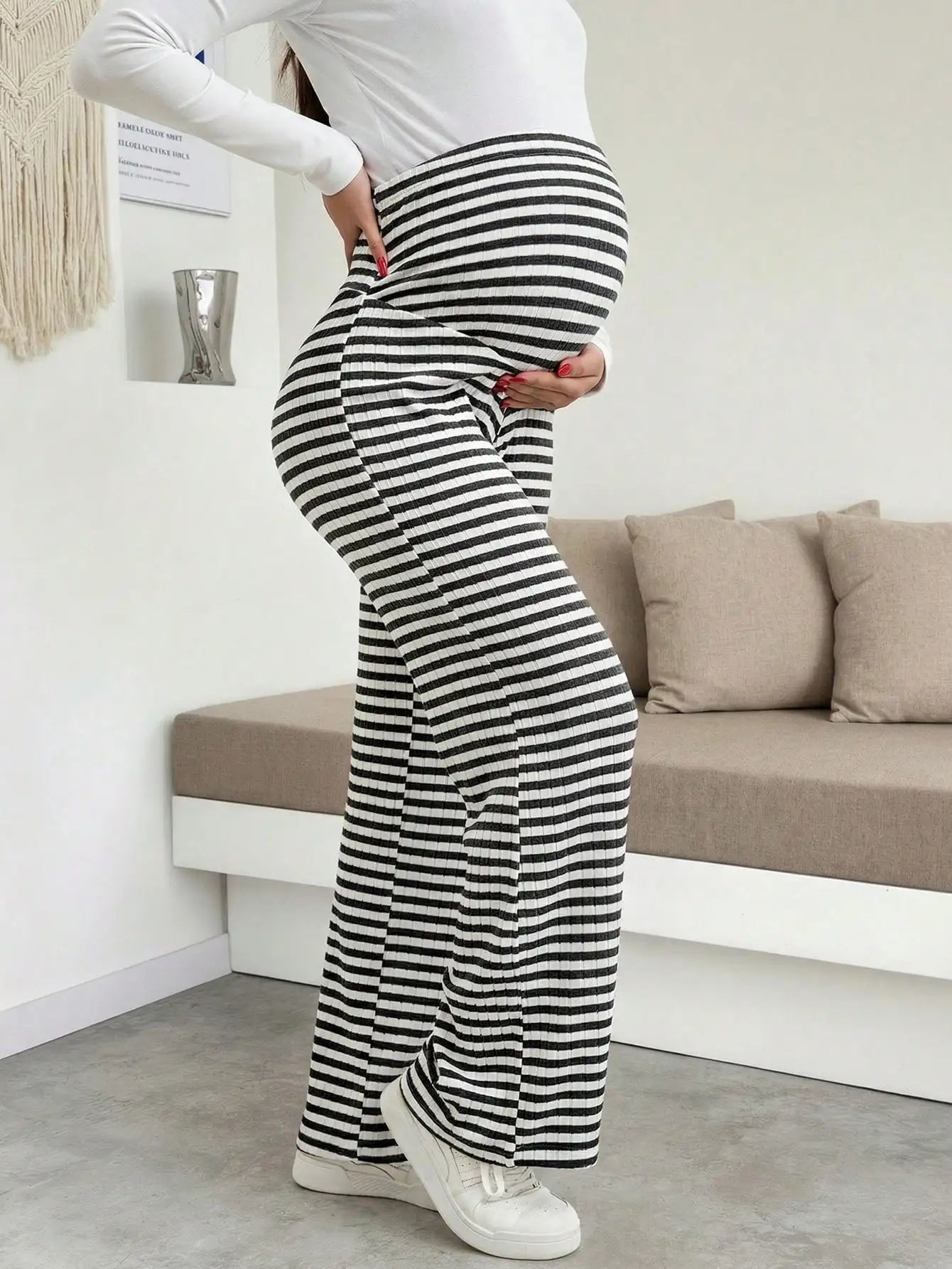 Maternity Women's Striped Ribbed Wide Leg Over Bump Jeans for Casual Daily and Lounge Wear