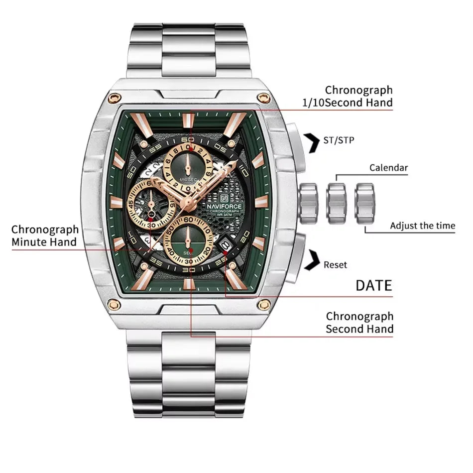 NAVIFORCE Luxury Tonneau Quartz Wristwatch Top Brand Men's Watches Waterproof Chronograph Watch for Men 2025 Auto Date Clock