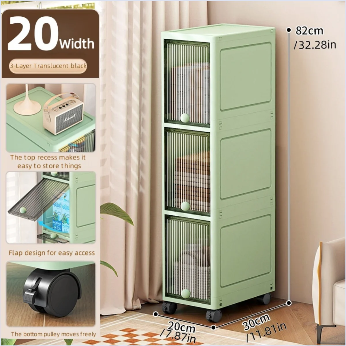 20cm-Flip lid slit storage cabinet, kitchen slit shelf, bathroom multi-layer plastic snack cabinet, narrow-edge storage cabinet