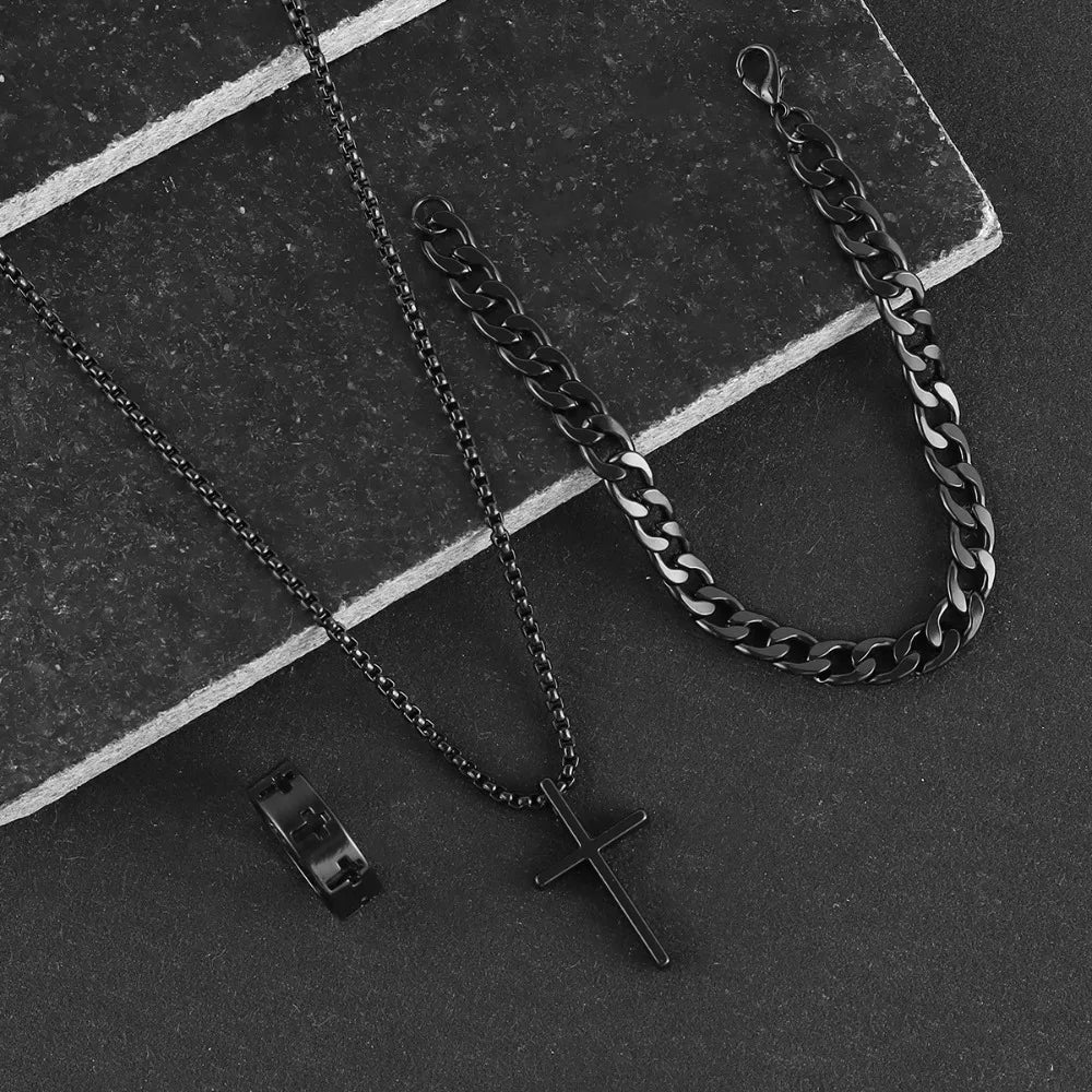 Fashion Alloy Men's Cross Pendant Necklace, Bracelet & Ring Combo Jewelry Set