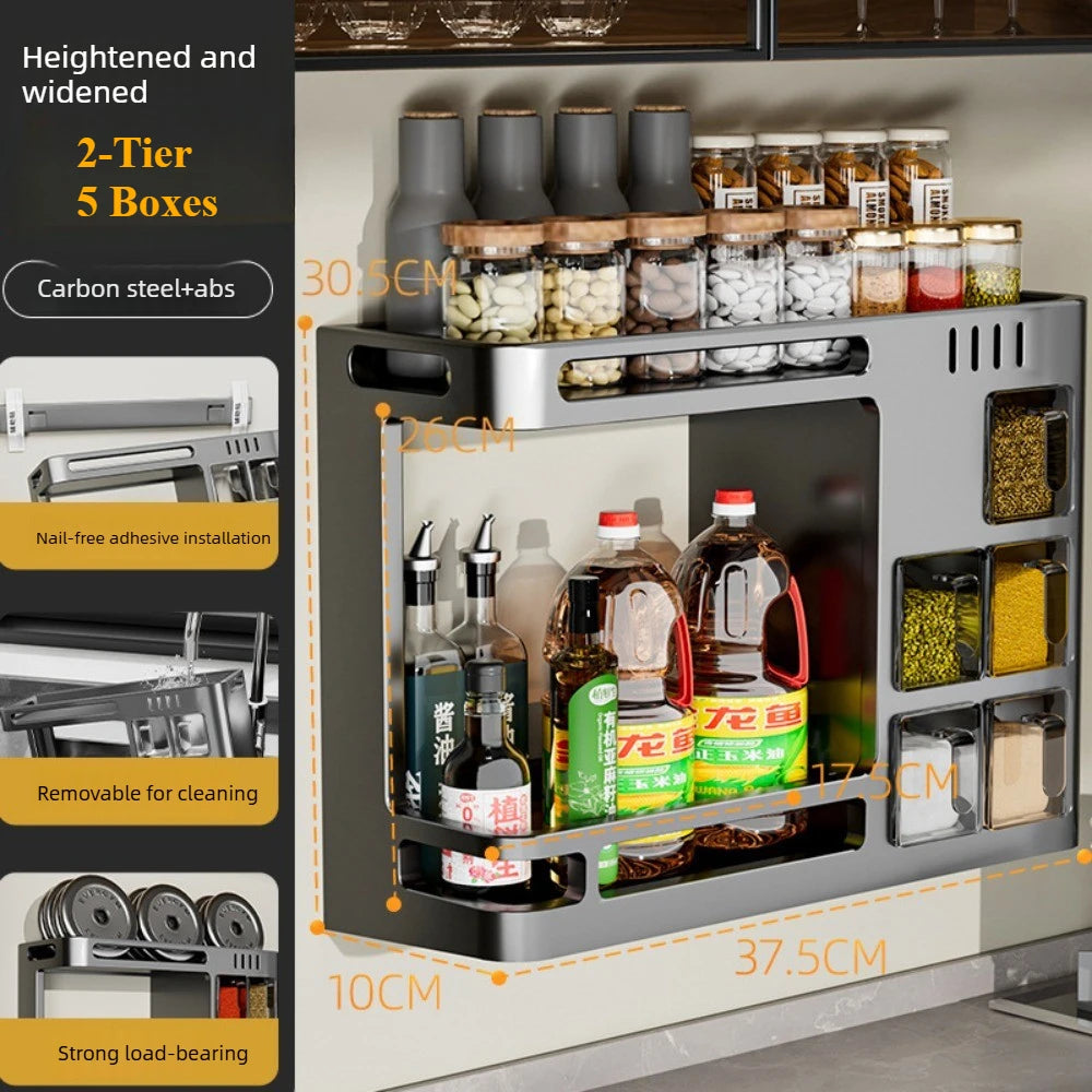 No-Drill Kitchen Multifunctional Seasoning Storage Organizer Wall Mounted Carbon Steel Hanging Rack Pull-Out Spice Jar Holder