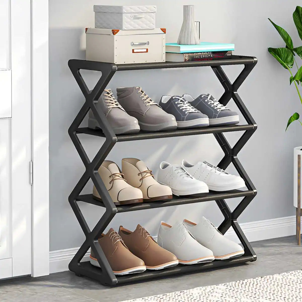 Hot 4-Tier X-Type Shoe Storage Rack, Dorm Rooms Multifunctional X-shaped Dust-proof Storage Rack for Entryways Hallways Bedrooms