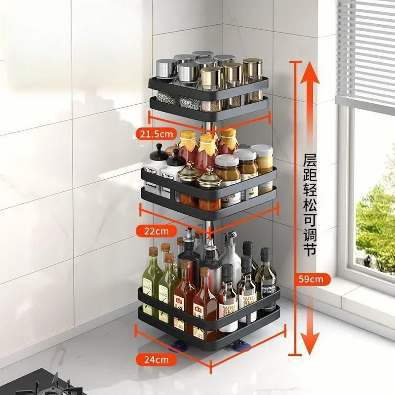 Non-Skid 360°Rotation Spice Rack Carbon Steel Organizer Storage Tray For Seasonings Spices Jars Cans Kitchen Utensil Accessories
