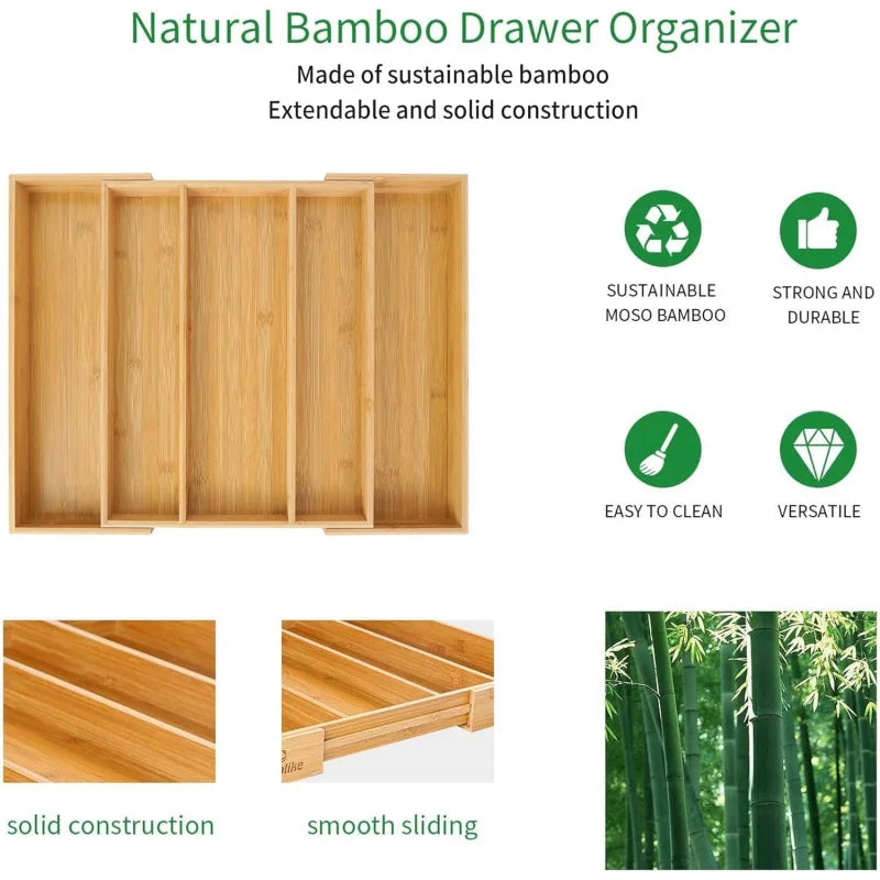 Expandable Bamboo Kitchen Drawer Organizer,Adjustable Cutlery Holder and Cutlery Tray Organizer,Drawer divider for silverware,Ta