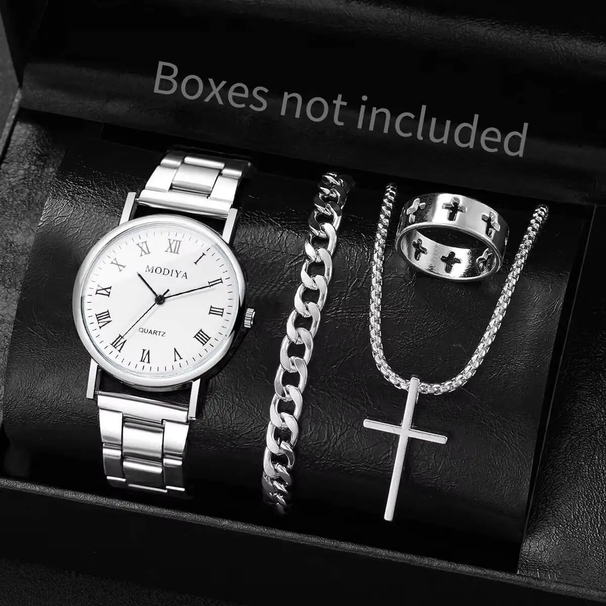 4PCS/Set Fashion Men Business Watches Simple Roma Dial Quartz Wristwatch Jewelry Set Reloj Hombre（Without Box）