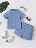 2-piece baby boy fashion casual woven jacquard fabric short sleeved shirt top and shorts set