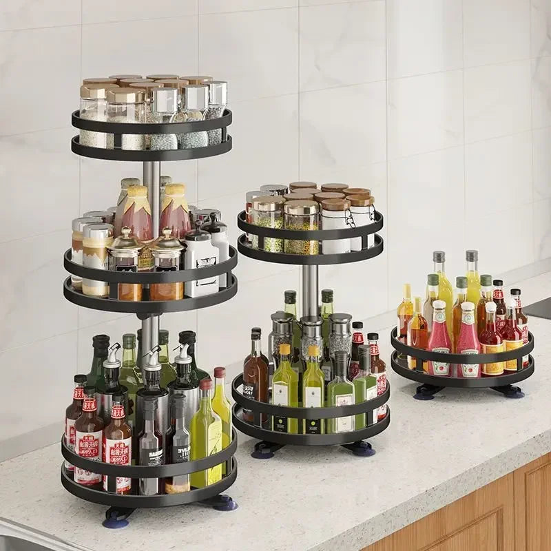 Non-Skid 360°Rotation Spice Rack Carbon Steel Organizer Storage Tray For Seasonings Spices Jars Cans Kitchen Utensil Accessories