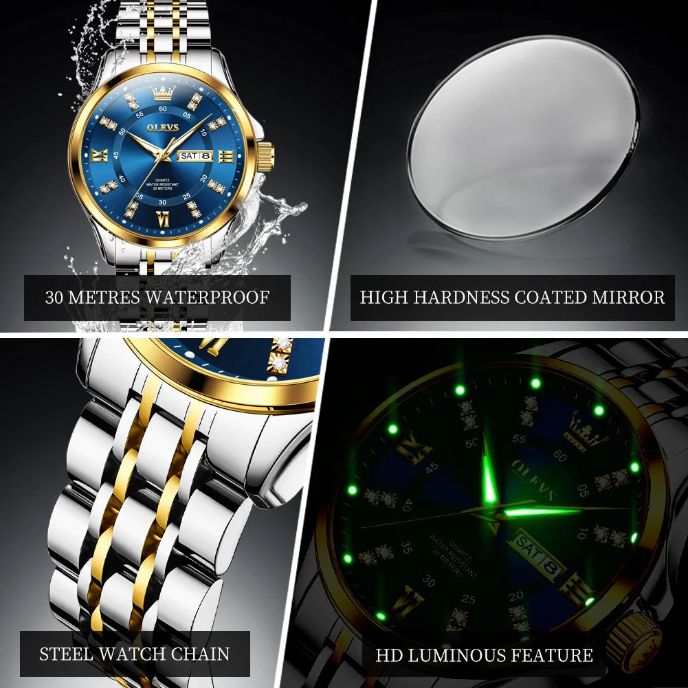 OLEVS Brand watch steel band stereo dial double calendar quartz watch waterproof men's watch 3620