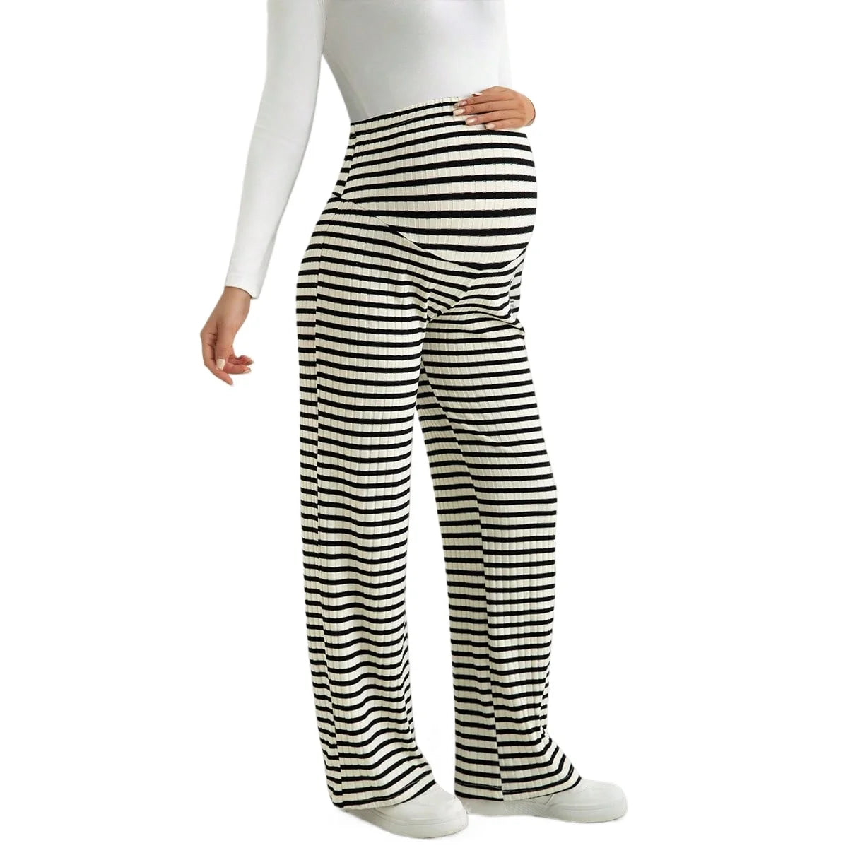 Maternity Women's Striped Ribbed Wide Leg Over Bump Jeans for Casual Daily and Lounge Wear