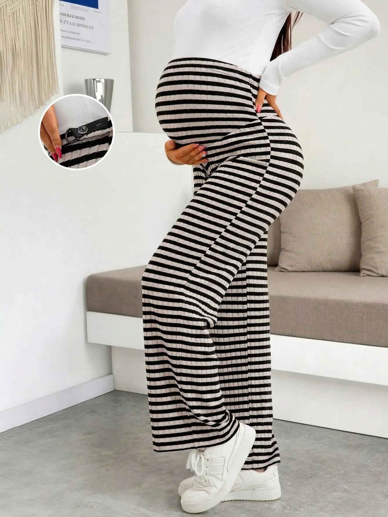 Maternity Women's Striped Ribbed Wide Leg Over Bump Jeans for Casual Daily and Lounge Wear