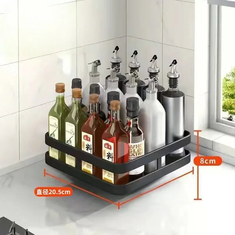 Non-Skid 360°Rotation Spice Rack Carbon Steel Organizer Storage Tray For Seasonings Spices Jars Cans Kitchen Utensil Accessories