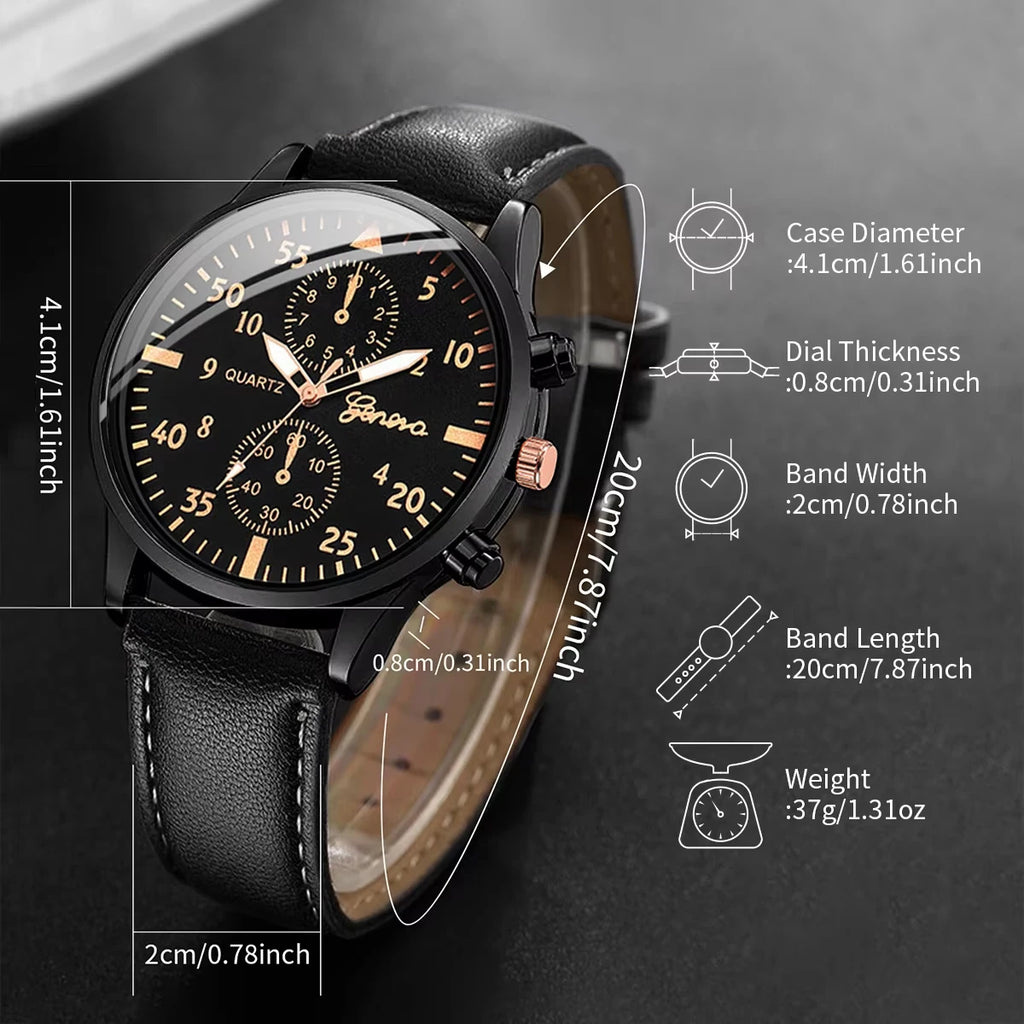 4PCS Men's Business Watches Fashion Leather Band Analog Quartz Watch with Woven Bracelets Set（Without Box）