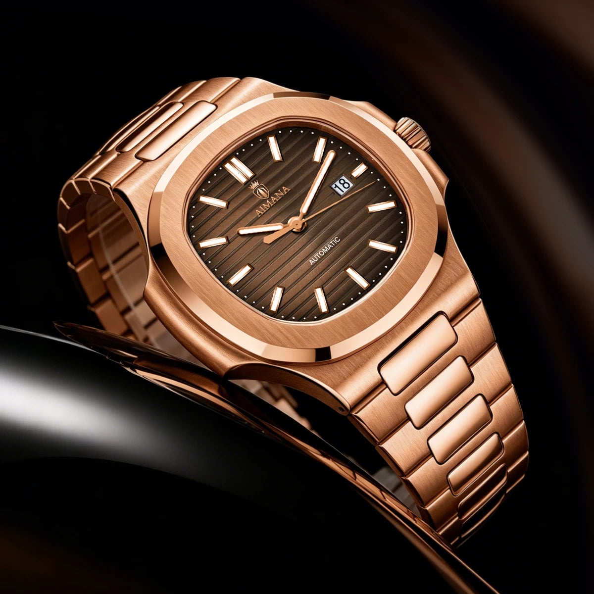Luxury AIMANA Mens Automatic Watch Stainless Steel Strap Waterproof Luminous Date Calendar Rose Gold Nautilus Style Business Cas