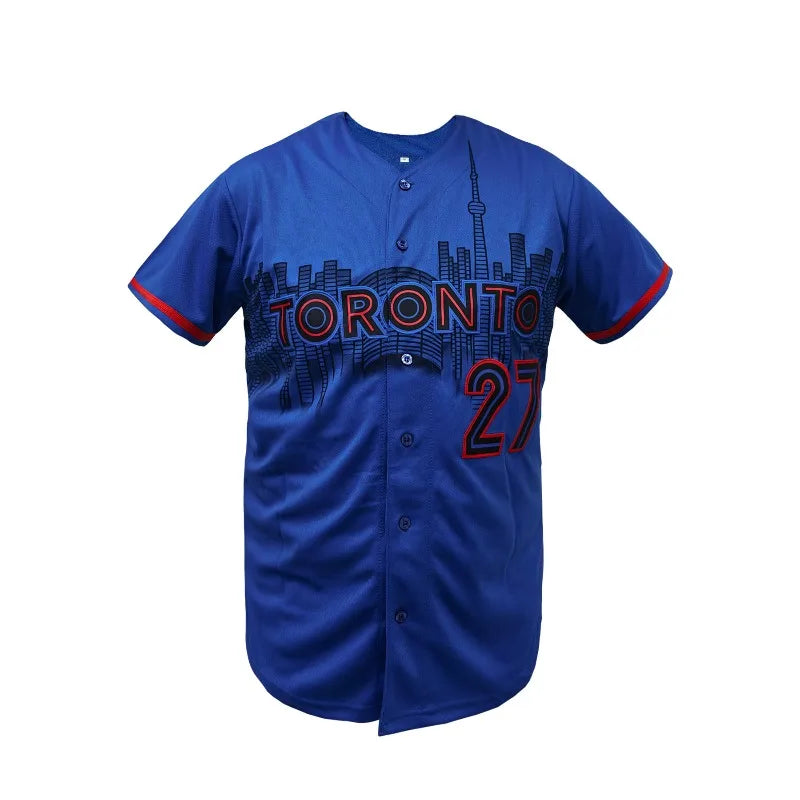 Men's Toronto #27 Embroidered Baseball Jersey Loose Fit V-Neck Short Sleeve Sports Top for Casual Wear, Outdoor Activities