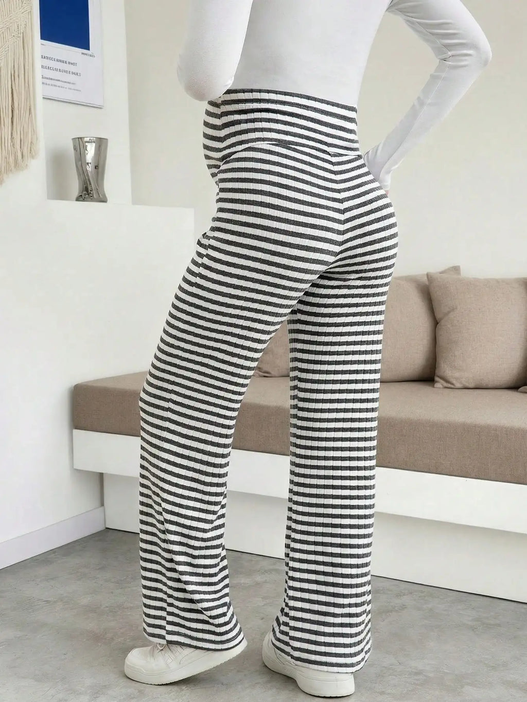 Maternity Women's Striped Ribbed Wide Leg Over Bump Jeans for Casual Daily and Lounge Wear