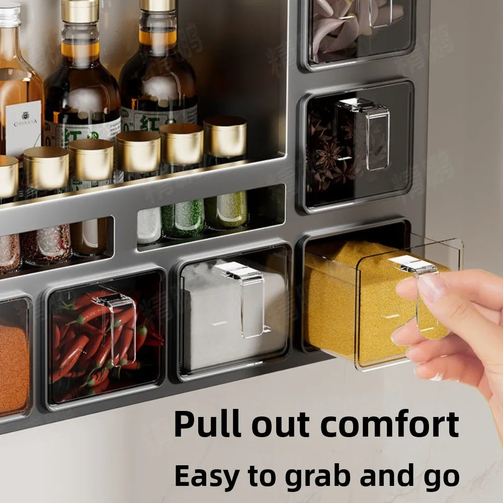 No-Drill Kitchen Multifunctional Seasoning Storage Organizer Wall Mounted Carbon Steel Hanging Rack Pull-Out Spice Jar Holder