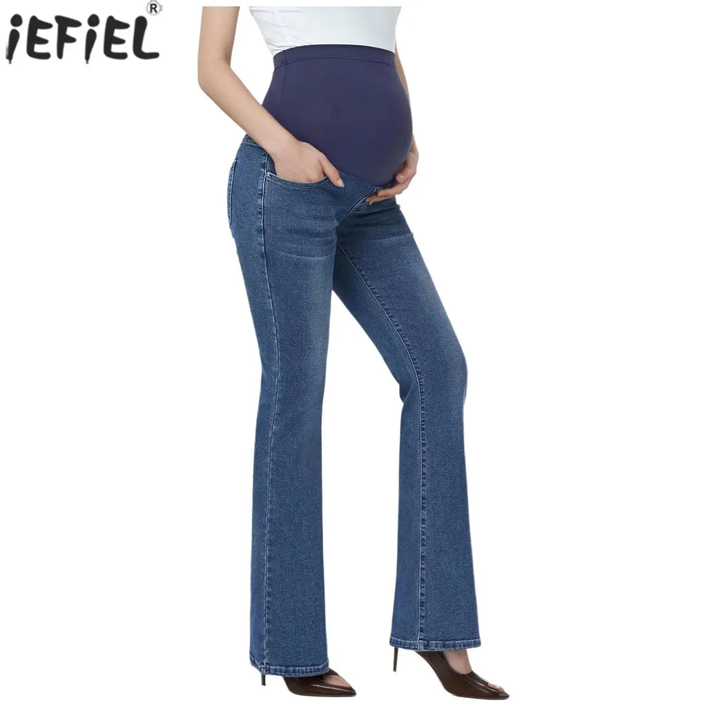 Women's Maternity Flared Jeans Over-the-Belly Stretch Pregnant Bell-Bottom Denim Pants with Pockets Casual Pregnancy Clothes