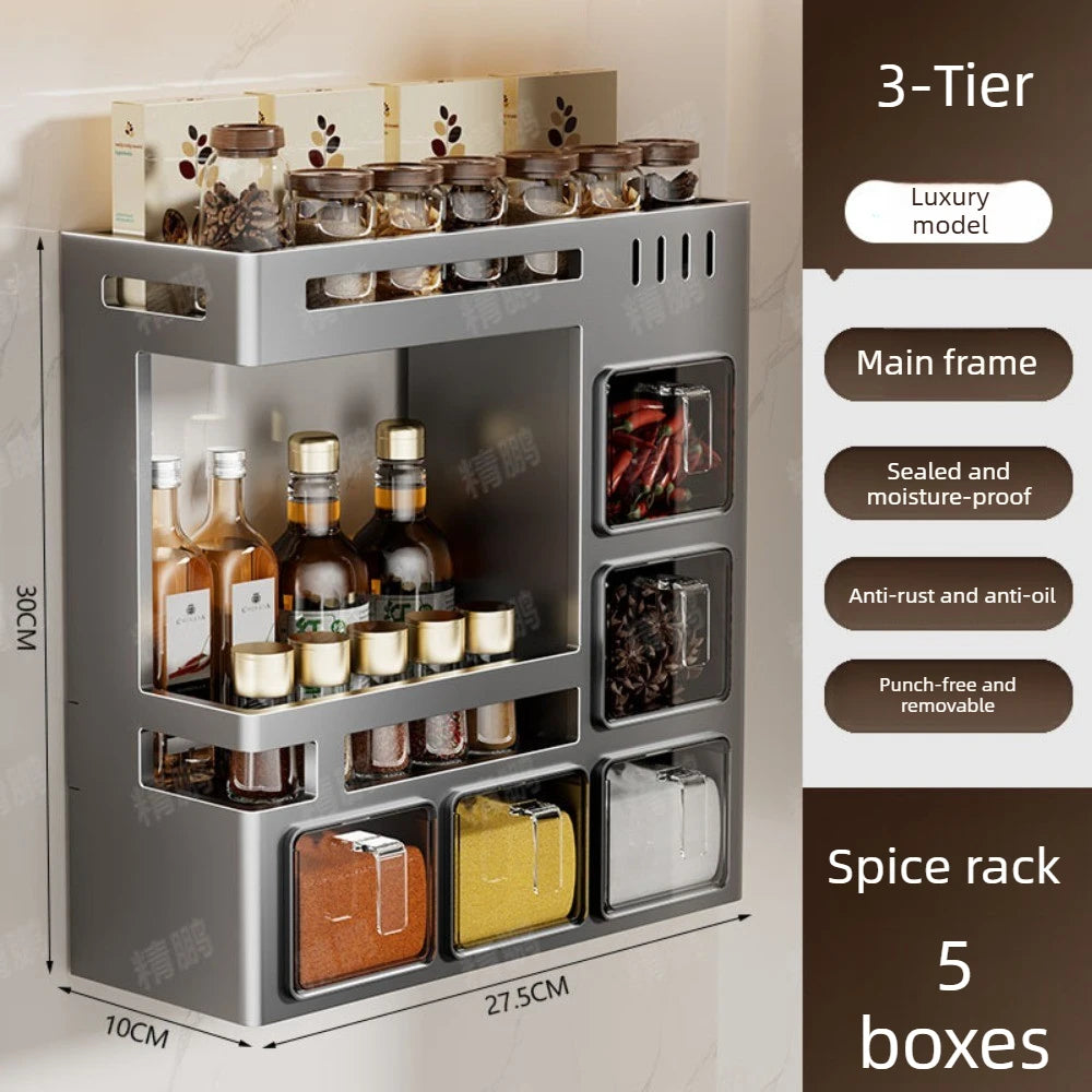 No-Drill Kitchen Multifunctional Seasoning Storage Organizer Wall Mounted Carbon Steel Hanging Rack Pull-Out Spice Jar Holder
