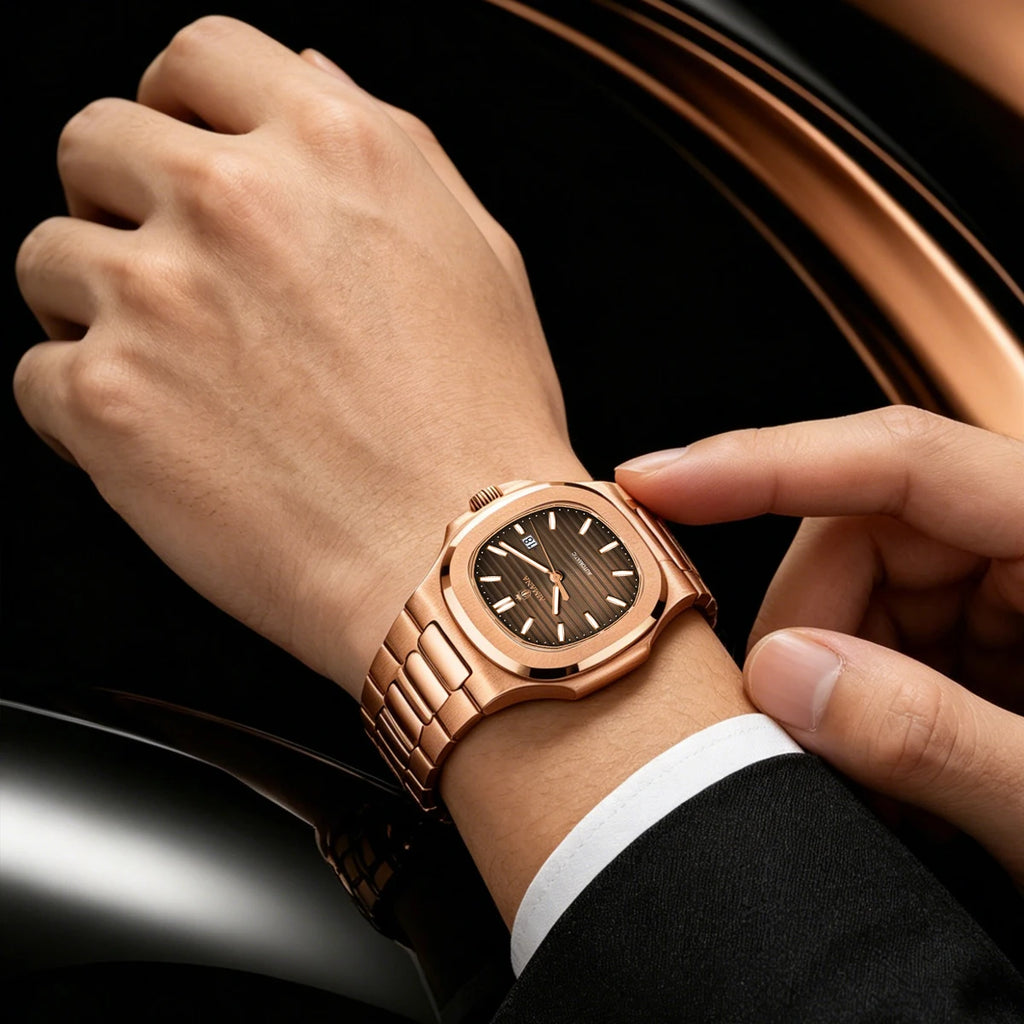 Luxury AIMANA Mens Automatic Watch Stainless Steel Strap Waterproof Luminous Date Calendar Rose Gold Nautilus Style Business Cas