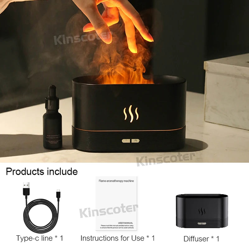 USB Desktop Flame Aroma Diffuser Humidifier 7 Colors Simulation Light Aromatherapy Air Purifier for Bedroom/Essential oil set