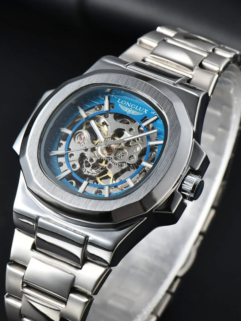 LONGLUX Men automatic mechanical watch luxury watches waterproof skeleton business cheap wholesale stainless steel gift watch