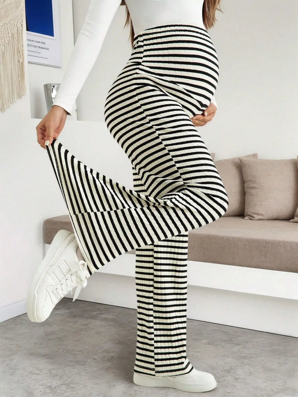 Maternity Women's Striped Ribbed Wide Leg Over Bump Jeans for Casual Daily and Lounge Wear