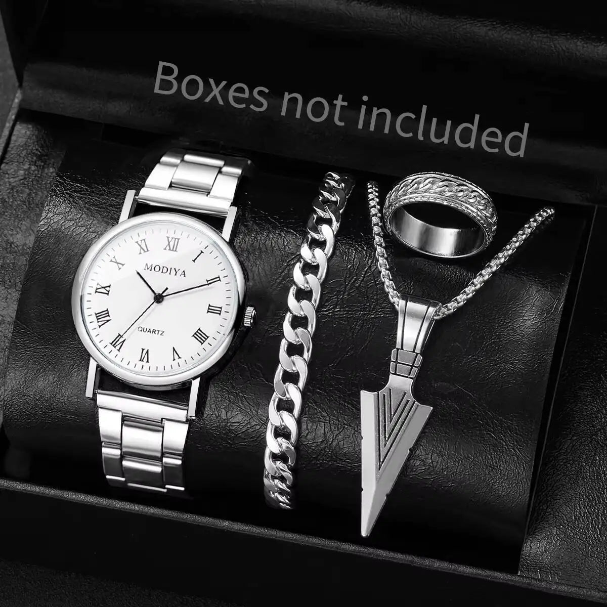 4PCS/Set Fashion Men Business Watches Simple Roma Dial Quartz Wristwatch Jewelry Set Reloj Hombre（Without Box）