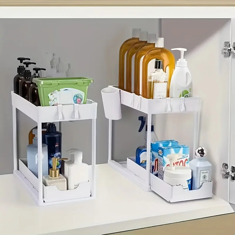 Multi Function Pull Out Under Sink Organizer 2 Tier Slide Out Storage Basket with Hooks Storage Cups for Kitchen Bathroom Home