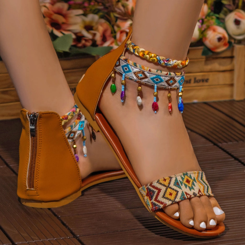 New Ethnic Style Roman Sandals, Handmade Beaded, Back Zipper, Bohemian Flat Shoes