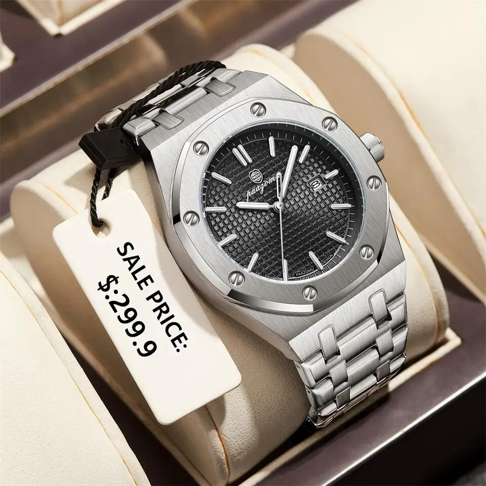 PAAZOMU Luxury Quartz Man Wristwatch Sport Men Watches Waterproof Luminous Date Week Stainless Steel Men's Watch Male Reloj+box