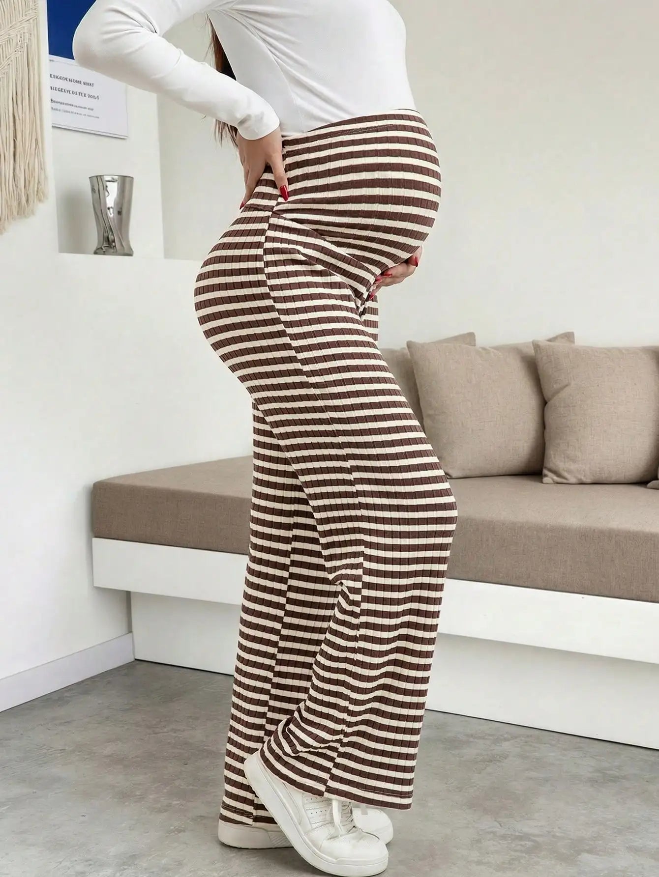 Maternity Women's Striped Ribbed Wide Leg Over Bump Jeans for Casual Daily and Lounge Wear