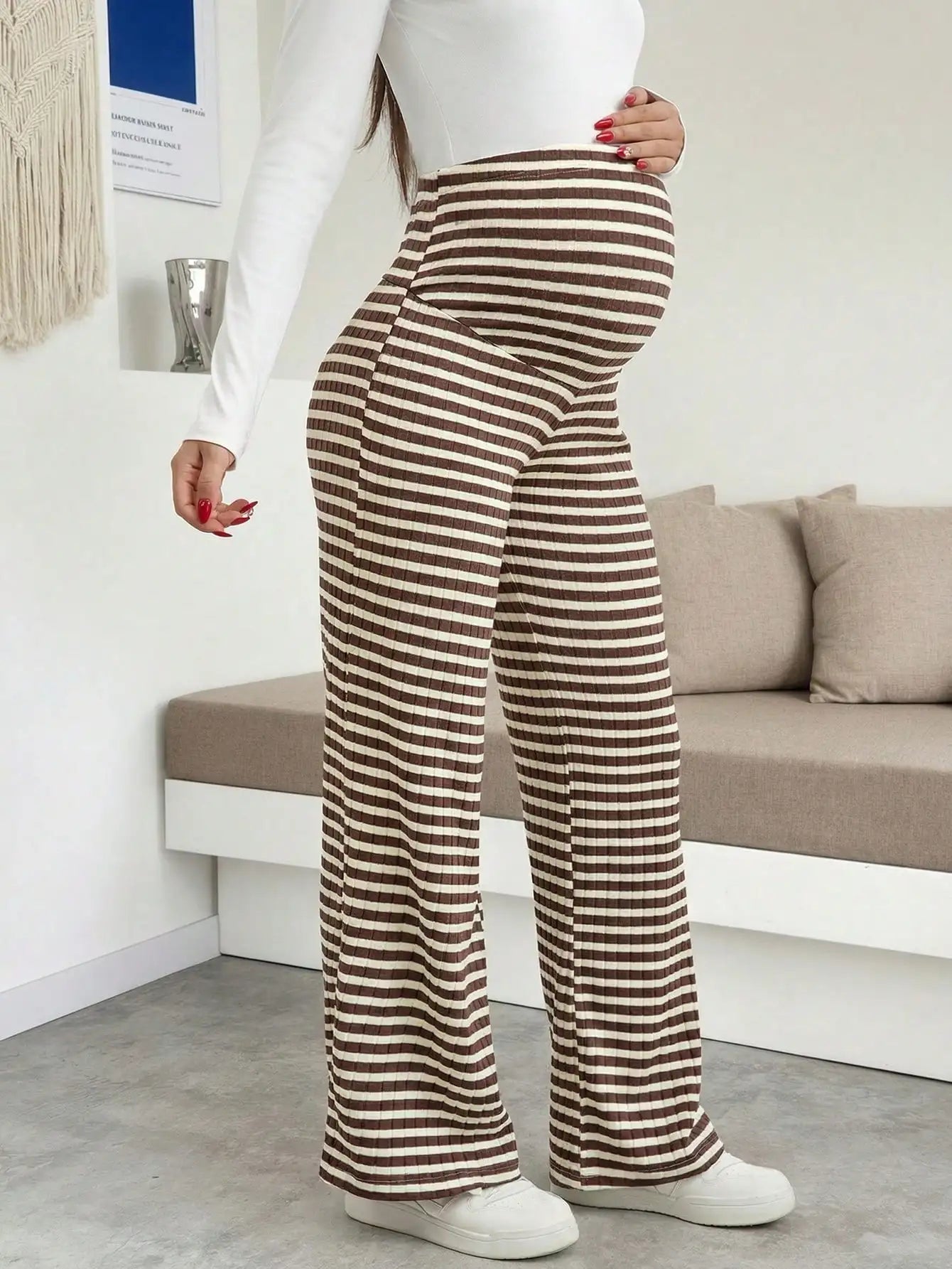 Maternity Women's Striped Ribbed Wide Leg Over Bump Jeans for Casual Daily and Lounge Wear