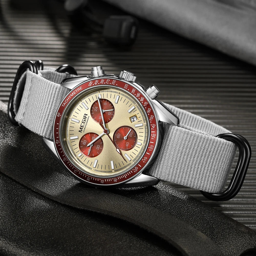 MEGIR New Luxury Men's Watches Canvas Weaving Strap Sport Automatic Chronograph Quartz Waterproof Wristwatch for Male 2247