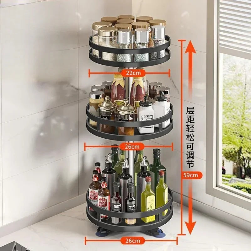 Non-Skid 360°Rotation Spice Rack Carbon Steel Organizer Storage Tray For Seasonings Spices Jars Cans Kitchen Utensil Accessories