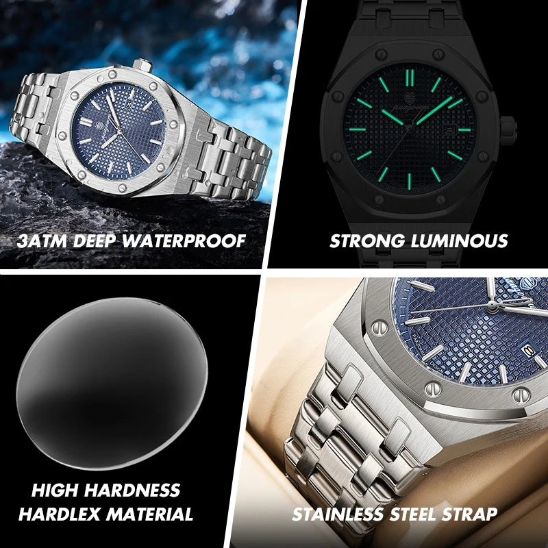 PAAZOMU Luxury Quartz Man Wristwatch Sport Men Watches Waterproof Luminous Date Week Stainless Steel Men's Watch Male Reloj+box