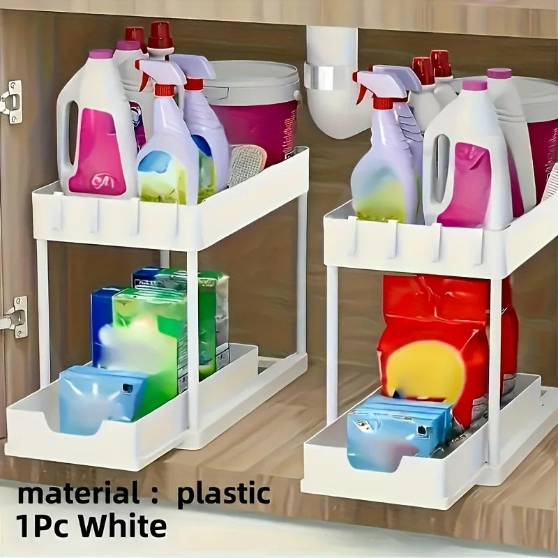 Multi Function Pull Out Under Sink Organizer 2 Tier Slide Out Storage Basket with Hooks Storage Cups for Kitchen Bathroom Home