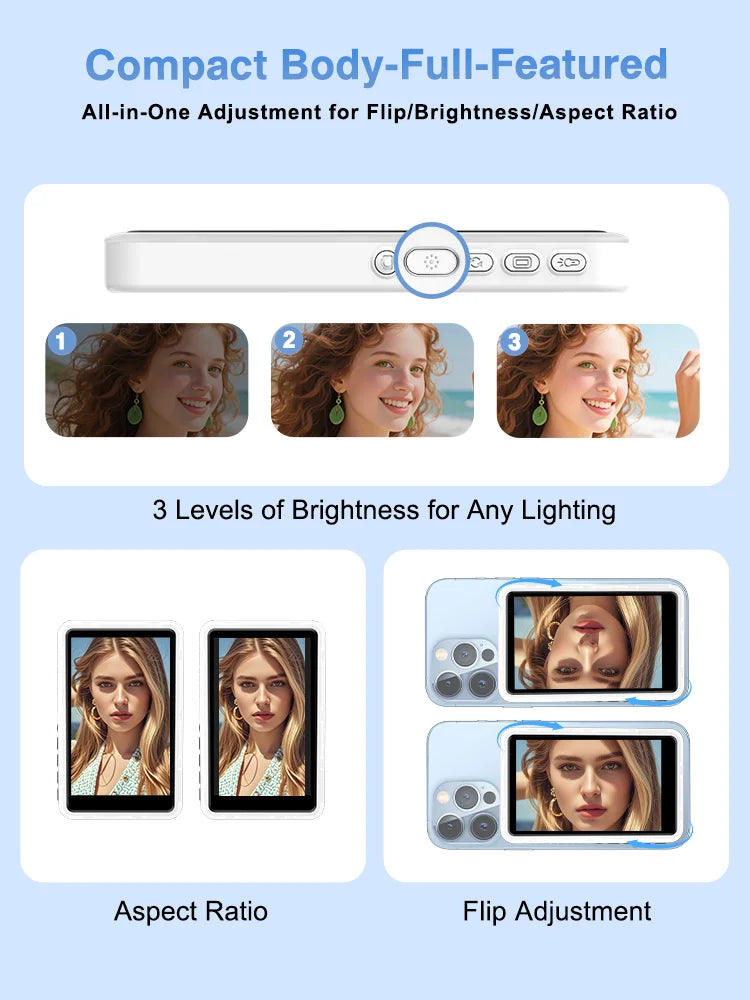 Wireless Magnetic Vlog Selfie Monitor Screen With Fill Light for Phone Rear Camera for Selfie Mirroring Video Recording