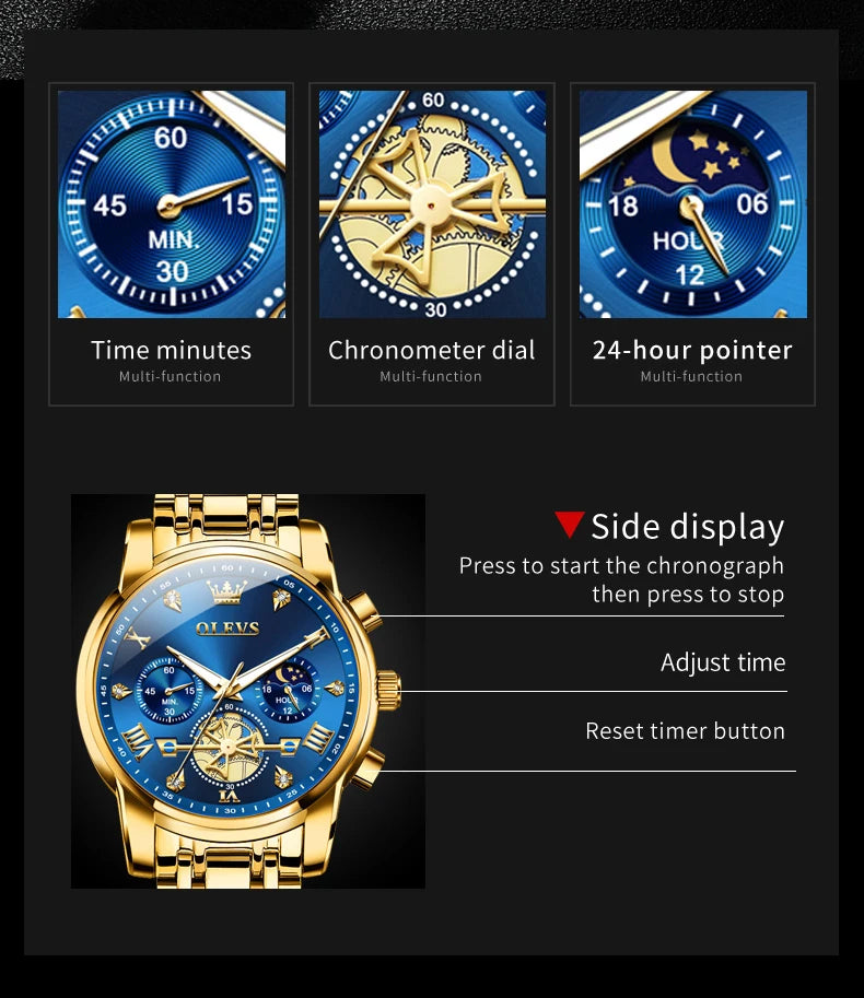 OLEVS Men's Watches Classic Multifunctional Flywheel Design Stainless steel Waterproof Moon Phase Men's Wristwatches 2024 Trend