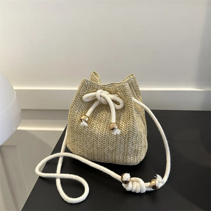 Straw Bags Cute Handbag Summer Beach Crossbody Purse Women Small Straw Crossbody Purse Adjustable Strap with Drawstring
