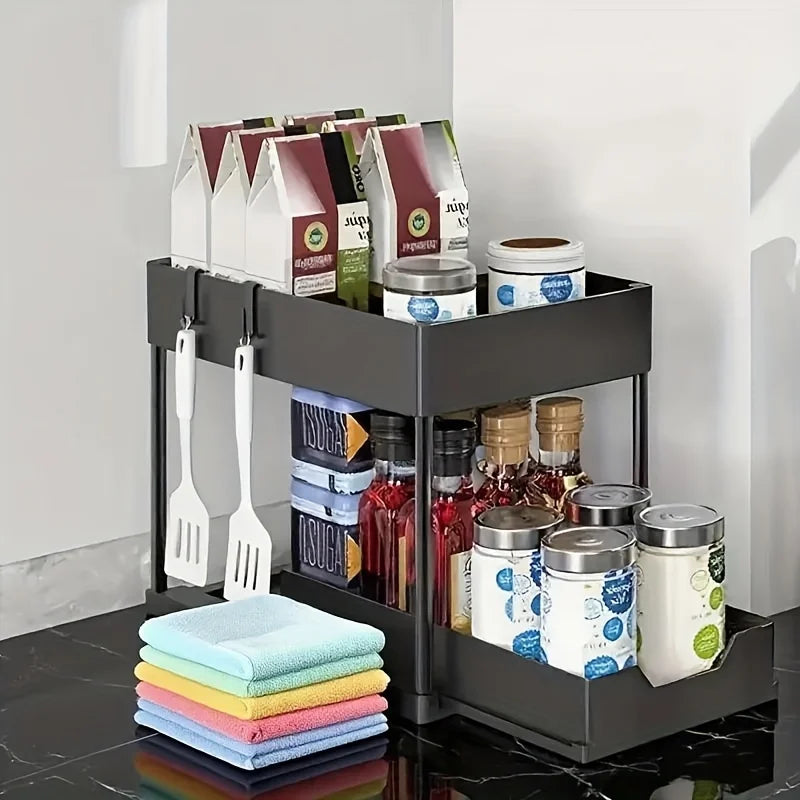 Multi Function Pull Out Under Sink Organizer 2 Tier Slide Out Storage Basket with Hooks Storage Cups for Kitchen Bathroom Home