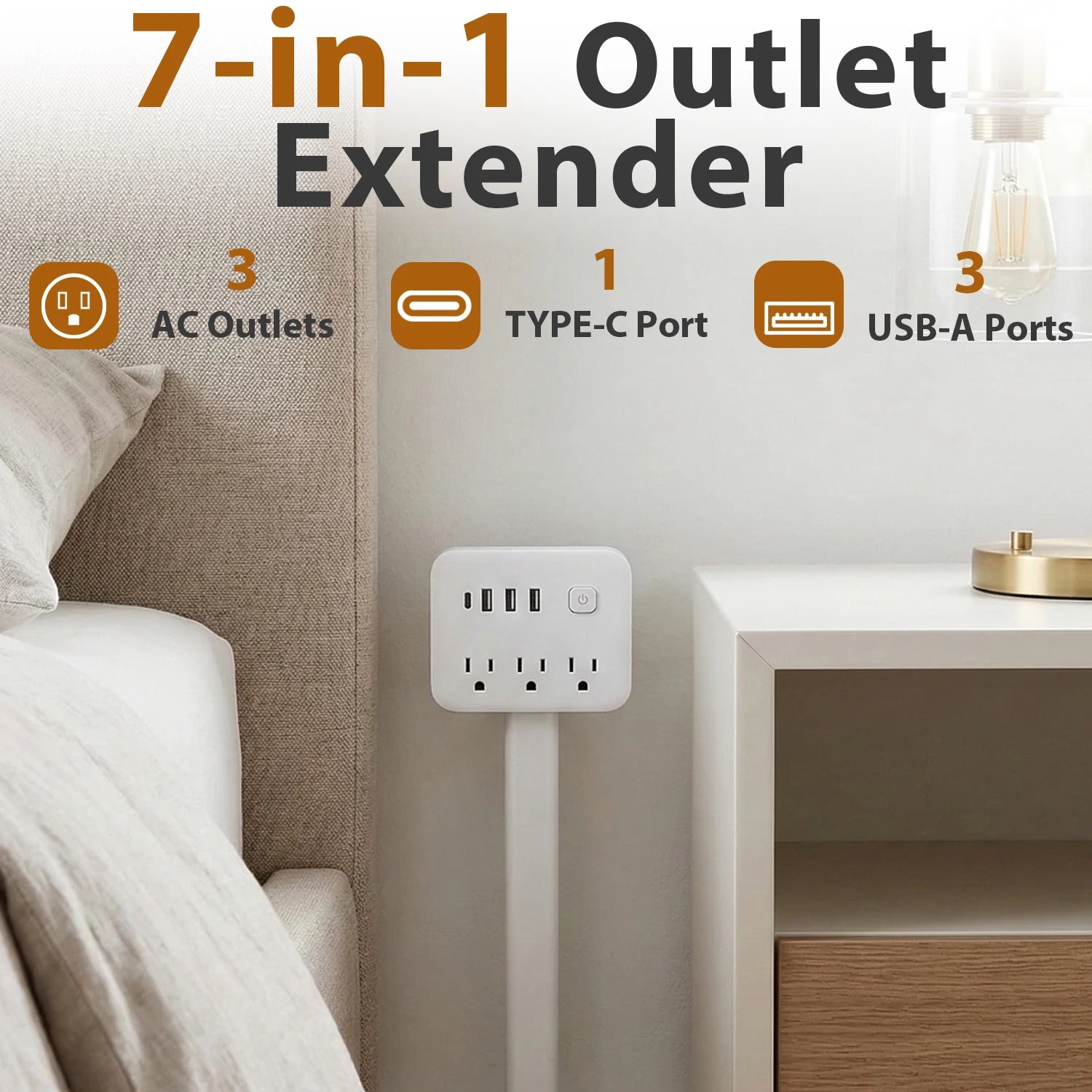 3 Retractable Sockets in Various Shapes US Plug Power Strip with AC Outlets USB Port(Type C),Multi Socket Wall Socket Universal