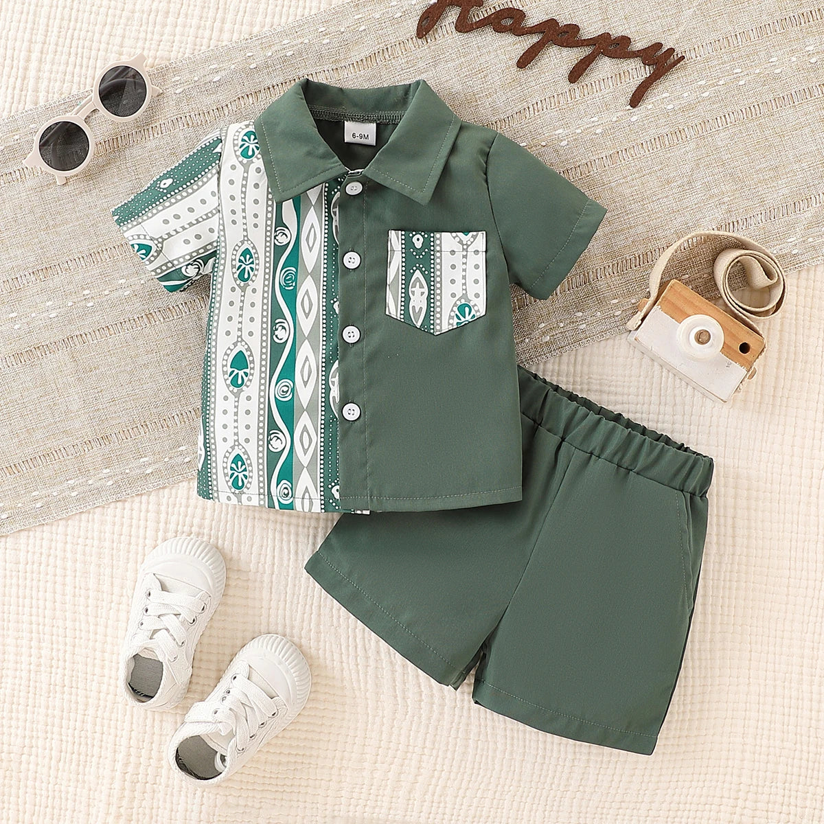 2 pieces of baby boy fashion casual splicing ethnic pattern short-sleeved shirt and shorts set in summer