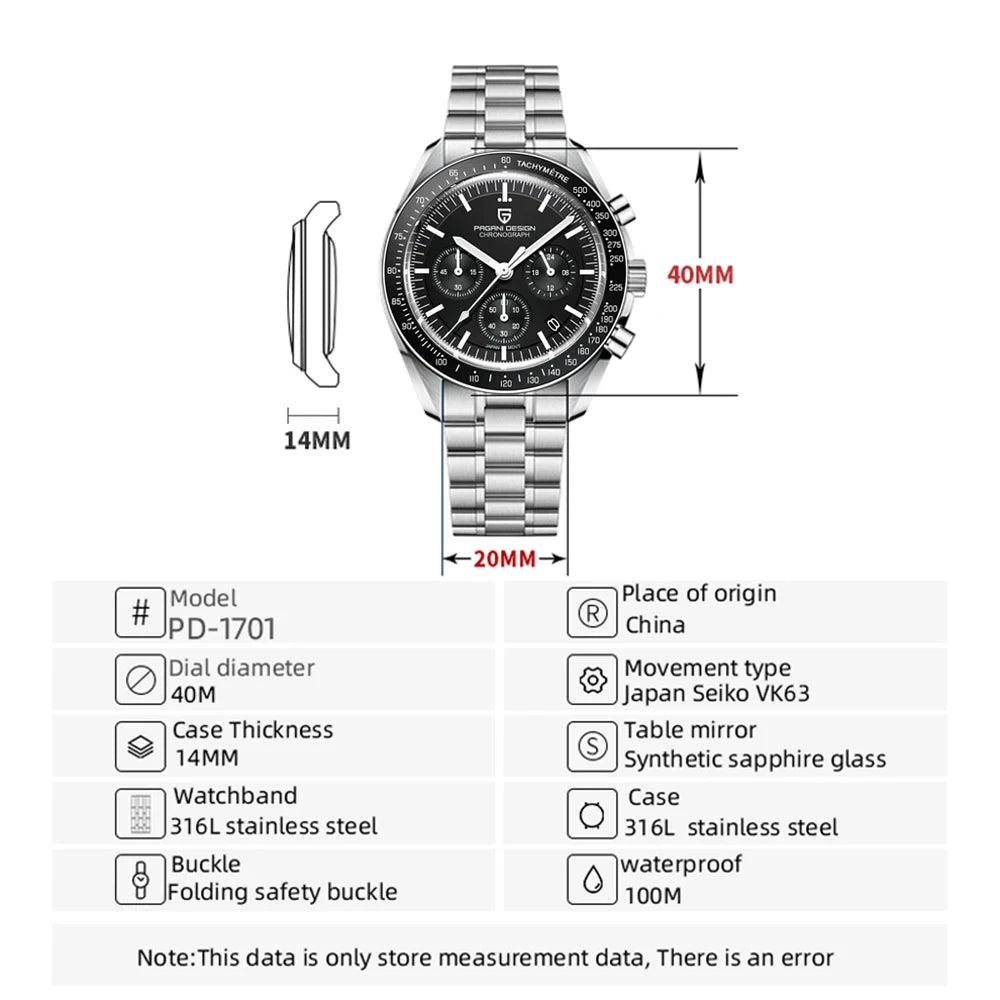 PAGANI DESIGN 2026 New Moon Men's Watches Luxury Quartz Watch For Men VK63 Chronograph AR Sapphire Mirror Ceramic Bezel Luminous